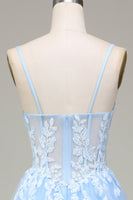 Load image into Gallery viewer, Tulle A-Line Spaghetti Straps Sky Blue Formal Dress with Appliques