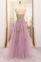 Load image into Gallery viewer, Mauve A Line Tulle Beaded Appliques Long Formal Dress With Front Slit
