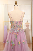 Load image into Gallery viewer, Mauve A Line Tulle Beaded Appliques Long Formal Dress With Front Slit