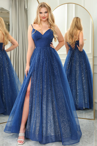 Sparkly Navy Beaded A Line Long Formal Dress With Slit