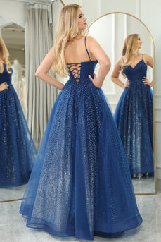 Sparkly Navy Beaded A Line Long Formal Dress With Slit