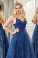 Load image into Gallery viewer, Sparkly Navy Beaded A Line Long Formal Dress With Slit