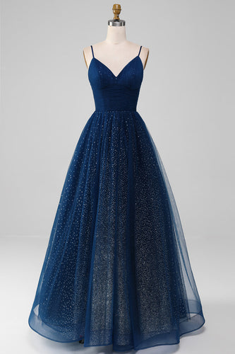 Navy Ball-Gown V-Neck Long Beaded Tulle Formal Dresses With Pleated