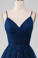 Load image into Gallery viewer, Navy Ball-Gown V-Neck Long Beaded Tulle Formal Dresses With Pleated