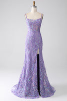 Load image into Gallery viewer, Mermaid Lace-Up Back Lilac Sequins Formal Dress with Slit
