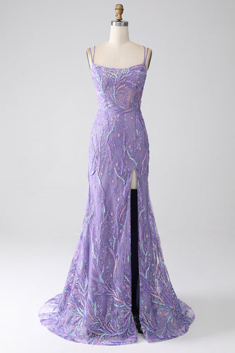 Mermaid Lace-Up Back Lilac Sequins Formal Dress with Slit