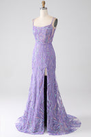 Load image into Gallery viewer, Mermaid Lace-Up Back Lilac Sequins Formal Dress with Slit