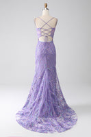Load image into Gallery viewer, Mermaid Lace-Up Back Lilac Sequins Formal Dress with Slit
