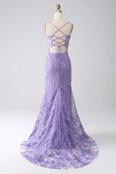 Mermaid Lace-Up Back Lilac Sequins Formal Dress with Slit