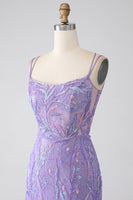 Load image into Gallery viewer, Mermaid Lace-Up Back Lilac Sequins Formal Dress with Slit