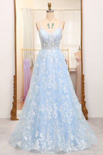 Sky Blue A Line Tulle Long Corset Formal Dress With Appliques