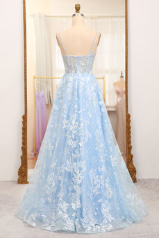 Sky Blue A Line Tulle Long Corset Formal Dress With Appliques