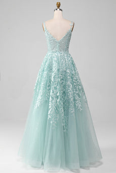 Glitter Mint A-Line Tulle Long Formal Dress with Lace