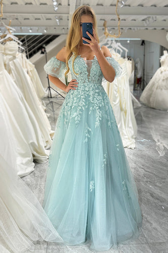Mint A Line Tulle Off the Shoulder Long Formal Dress With Appliques
