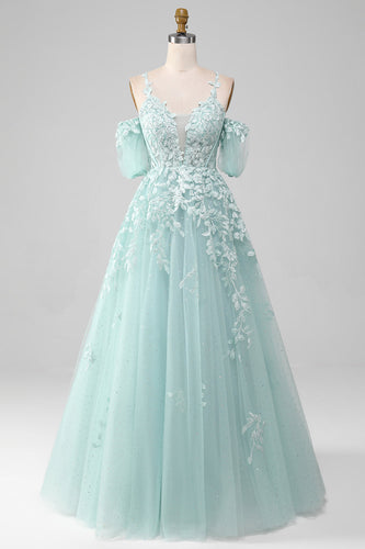 Mint Ball Gown Off The Shoulder Beaded Prom Dresses With Appliques