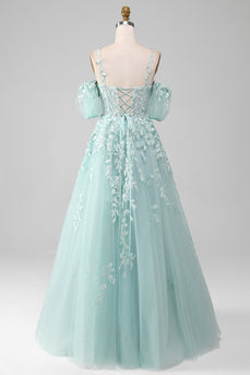 Mint Ball Gown Off The Shoulder Beaded Prom Dresses With Appliques