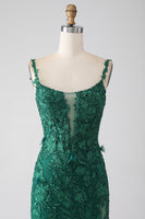 Load image into Gallery viewer, Dark Green Mermaid Spaghetti Straps Long Formal Dress with Appliques