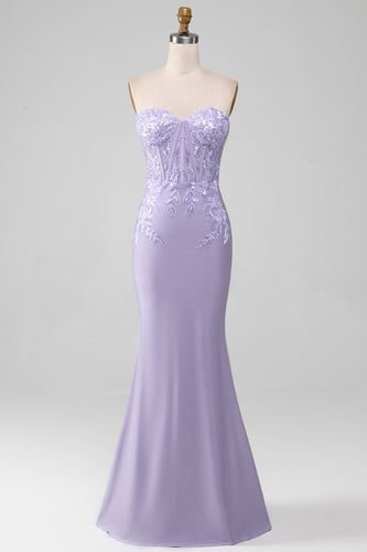 Lilac Sheath Strapless Corset Formal Dresses With Lace Appliques