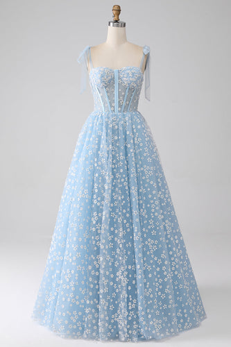 A-Line Spaghetti Straps Sky Blue Corset Formal Dress