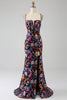 Load image into Gallery viewer, Mermaid Spaghetti Straps Black Flower Embroidered Formal Dress With Side Slit