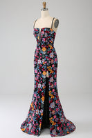 Load image into Gallery viewer, Mermaid Spaghetti Straps Black Flower Embroidered Formal Dress With Side Slit