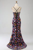 Load image into Gallery viewer, Mermaid Spaghetti Straps Black Flower Embroidered Formal Dress With Side Slit