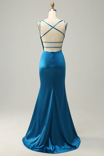 Blue Mermaid Backless Long Formal Dress