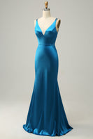 Load image into Gallery viewer, Blue Mermaid Backless Long Formal Dress
