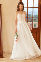Load image into Gallery viewer, Beautiful A Line Spaghetti Straps White Wedding Dress with Appliques