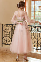 Load image into Gallery viewer, A Line Jewel Light Nude Tea Length Formal Dress with Long Sleeves