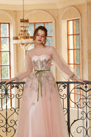 Load image into Gallery viewer, A Line Jewel Light Nude Tea Length Formal Dress with Long Sleeves