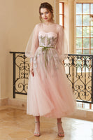 Load image into Gallery viewer, A Line Jewel Light Nude Tea Length Formal Dress with Long Sleeves