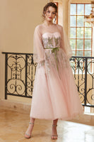 Load image into Gallery viewer, A Line Jewel Light Nude Tea Length Formal Dress with Long Sleeves