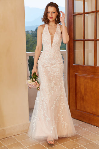 Mermaid Deep V Neck White Lace Wedding Dress with Appliques