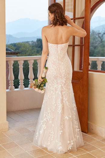 Mermaid Deep V Neck White Lace Wedding Dress with Appliques
