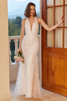Load image into Gallery viewer, Mermaid Deep V Neck White Lace Wedding Dress with Appliques