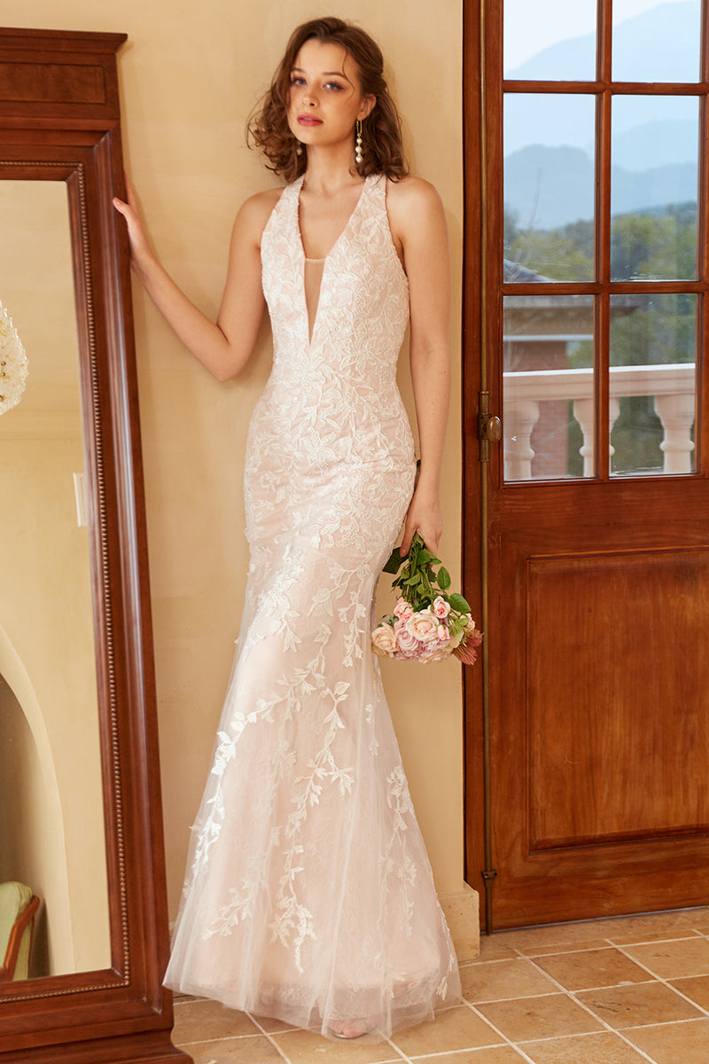 Load image into Gallery viewer, Mermaid Deep V Neck White Lace Wedding Dress with Appliques