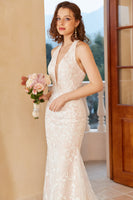Load image into Gallery viewer, Mermaid Deep V Neck White Lace Wedding Dress with Appliques