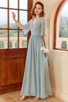 Load image into Gallery viewer, Blue Long Chiffon Bridesmaid Dress with Sleeves