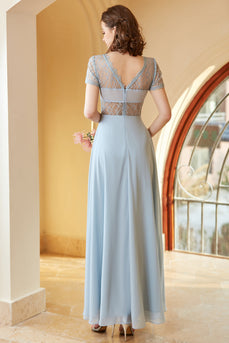 Long Chiffon Blue Bridesmaid Dress with Sleeves