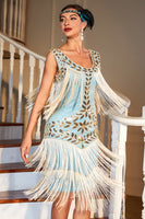 Load image into Gallery viewer, Blue Apricot Gatsby 1920s Dress with Sequins and Fringes
