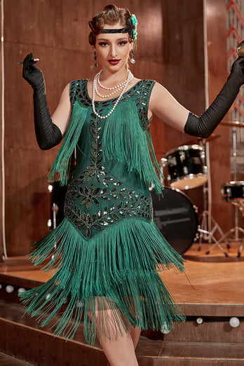 Champagne Gatsby 1920s Dress with Sequins and Fringes