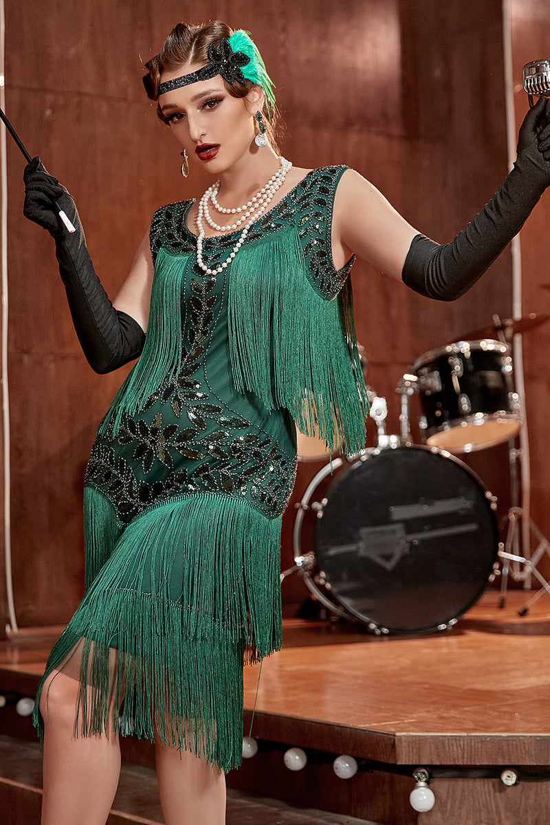 Load image into Gallery viewer, Champagne Gatsby 1920s Dress with Sequins and Fringes