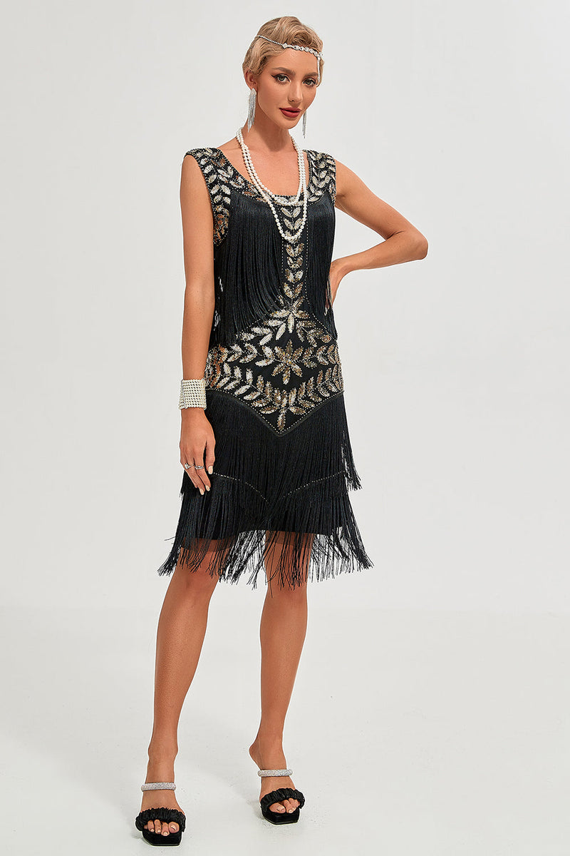 Load image into Gallery viewer, Black Gatsby 1920s Flapper Dress with Sequins and Fringes