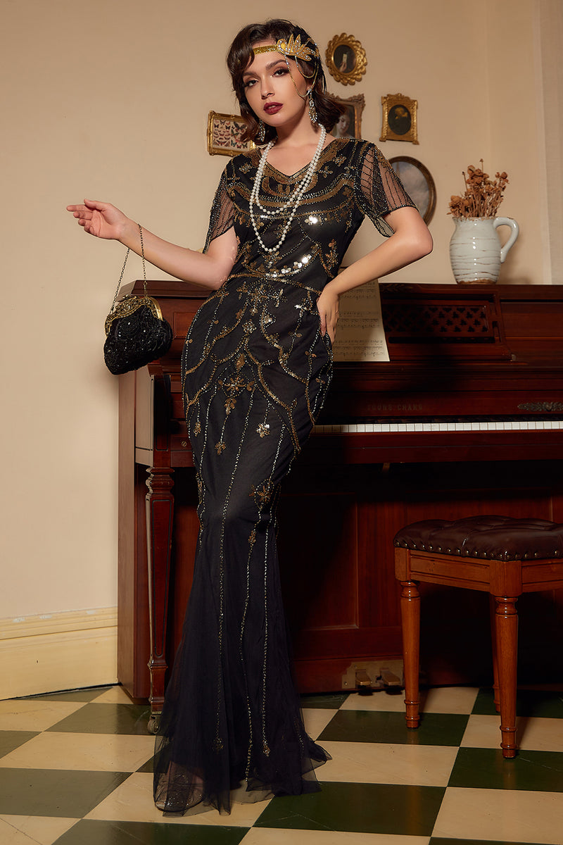 Load image into Gallery viewer, Sequins Black Long 1920s Dress