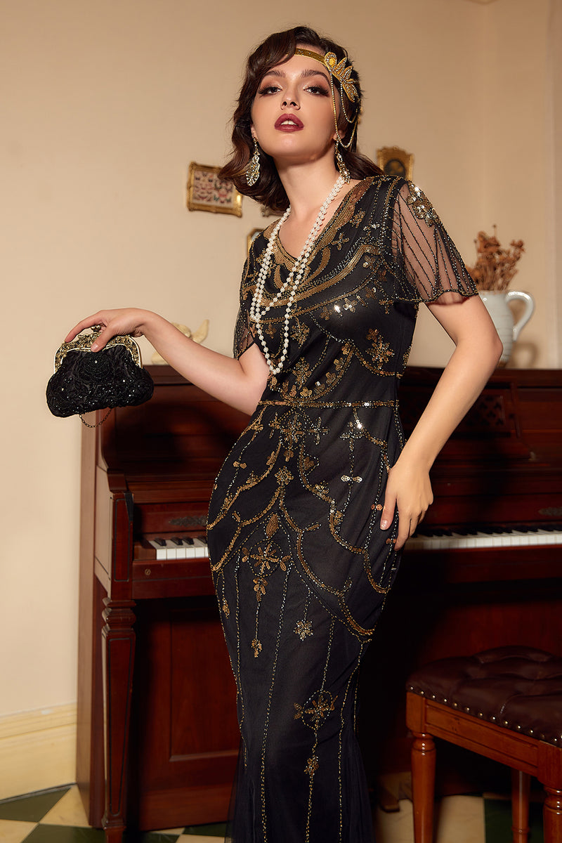 Load image into Gallery viewer, Sequins Black Long 1920s Dress