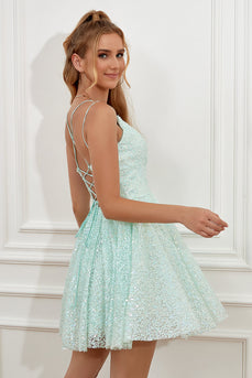 Light Green Sequins A-Line Lace-Up Short Formal Dress