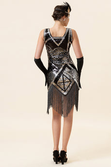 Silver Sequin V-neck 1920s Dress with Fringes