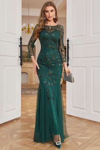 Dark Green Long Sleeves Beading Formal Dress