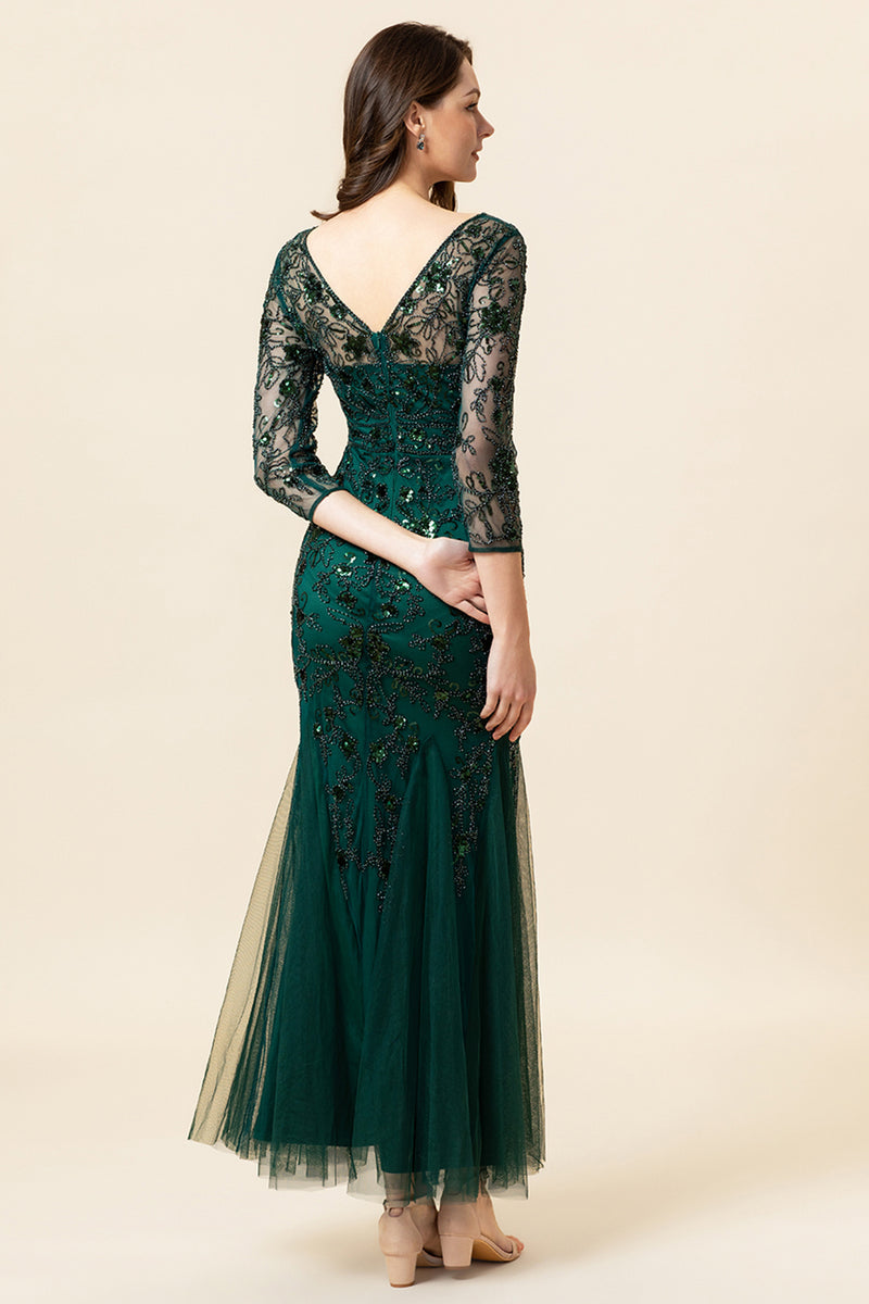 Load image into Gallery viewer, Dark Green Long Sleeves Beading Formal Dress with 3/4 Sleeves